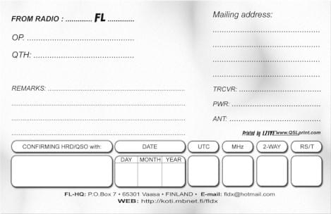 FL-kerhon erään QSL-kortin takapuoli